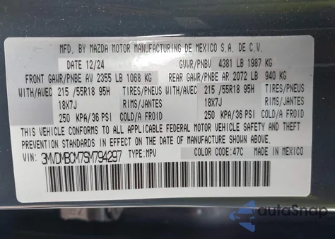 2025 Mazda Cx-30 2.5 S Carbon Edition из США, поврежденный, VIN 3MVDMBCM7SM794297